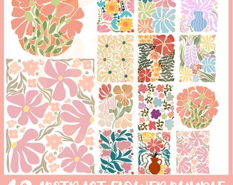 Paquete de SVG de flores abstractas, SVG de flores retro, SVG de flores bohemias, SVG floral, SVG de flores modernas, PNG SVG floral bohemio, Arte de pared imprimible, SVG
