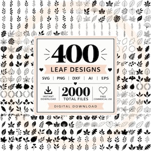 Löv SVG-paket, 400 lövsilhuettdesigner, botaniska lövverk PNG dxf ai eps-filer, höstlöv