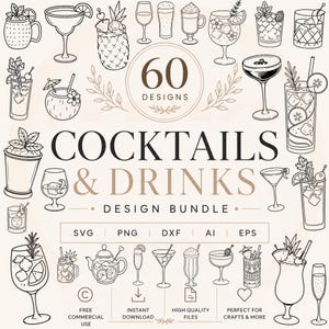 Cocktail SVG Bundle, Hand Drawn Drink Illustrations,  Cocktail Clipart SVG PNG dxf ai eps