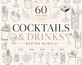 Cocktail SVG Bundle, Hand Drawn Drink Illustrations,  Cocktail Clipart SVG PNG dxf ai eps