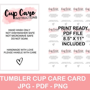 Carte d'entretien du gobelet prête à imprimer, imprimable, fournitures pour petites entreprises, instructions de lavage, fichier numérique, carte de gobelet