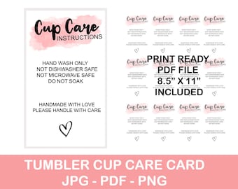 Carte d'entretien du gobelet prête à imprimer, imprimable, fournitures pour petites entreprises, instructions de lavage, fichier numérique, carte de gobelet