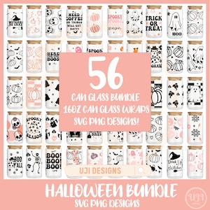 May include: A set of 56 Halloween-themed designs for 16 oz can glass wraps. The designs feature various Halloween icons, such as pumpkins, ghosts, bats, and skulls. The designs are in black and white with pink accents. The designs are perfect for adding a festive touch to your Halloween decor.