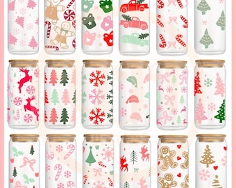 May include: Set of 18 glass jars with Christmas themed designs. The jars have cork lids and feature various patterns including snowflakes, candy canes, Christmas trees, reindeer, and gingerbread people.