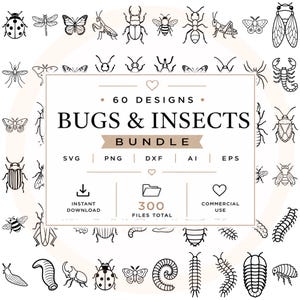 May include: A digital collection of 60 black and white line art insect and bug designs. The central text reads 60 DESIGNS BUGS & INSECTS BUNDLE, with file formats SVG, PNG, DXF, AI, EPS, and icons for instant download, folder, and commercial use.
