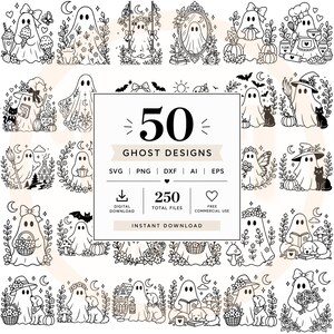 Pode incluir: Uma coleção de 50 designs de fantasmas em preto e branco com vários temas como culinária, leitura e natureza. O texto central diz 50 GHOST DESIGNS, SVG, PNG, DXF, AI, EPS, 250 TOTAL FILES e INSTANT DOWNLOAD. São ilustrações gráficas digitais.