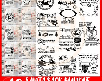 May include: A set of 10 black and white SVG and PNG designs for Santa sacks. The designs feature various Christmas themes, including reindeer, elves, Santa Claus, and the North Pole. The designs include text such as "Reindeer Express", "Santa Express", and "North Pole Post Office".