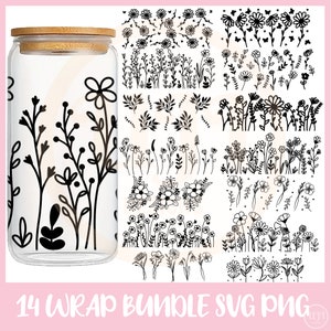 Blumenglasdosenverpackung SVG, Blumenverpackungssvg, 16-Unzen-Dose-Svg, Libbey-Dose-Svg, 16-Unzen-Dosenvorlage-Cup-Wrap-Png-Sublimation, Wildblumenverpackungs-Svg