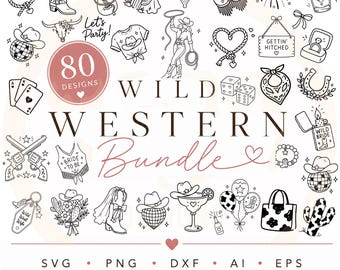 May include: A digital collection of 80 black and white line art illustrations featuring western themes like cowboy boots, hats, cacti, lassos, and wedding motifs. The text reads Wild Western Bundle, 80 Designs, Let's Party, and Gettin' Hitched.