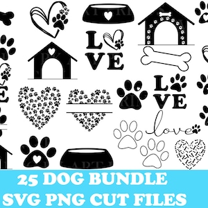 Svg chien, empreinte de patte, SVG de patte d'animal de compagnie, impression de svg pour amoureux des chiens, svg de patte d'animal, chiot, empreinte de patte coeur, svg d'os de chien, niche de chien, svg de chat