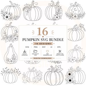 Könnte beinhalten: Eine digitale Sammlung von 16 schwarz-weißen Kürbis-Illustrationen mit Blumen-, Blatt- und Himmelsmotiven. Der zentrale Text lautet 16 PUMPKIN SVG BUNDLE, 16 DESIGNS, SVG, PNG, DXF, AI, EPS, INSTANT DOWNLOAD, HIGH QUALITY FILES.