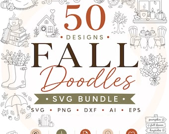 May include: A digital collection of 50 fall doodles in an SVG bundle featuring black line art illustrations of pumpkins, a truck, a bicycle, a house, rain boots, an umbrella, and autumn foliage, with text reading 50 DESIGNS FALL Doodles SVG BUNDLE.