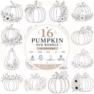 May include: A digital collection of 16 black and white line art pumpkin illustrations featuring various floral and botanical accents. The central circular graphic displays the text 16 PUMPKIN SVG BUNDLE, along with file format icons and labels including SVG, PNG, DXF, AI, and EPS.