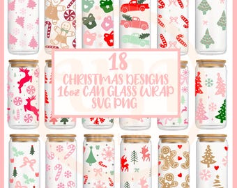May include: Eighteen Christmas-themed designs for 16oz can glass wraps. The designs feature various Christmas elements like reindeer, candy canes, snowflakes, Christmas trees, and gift boxes. The designs are in a variety of colours, including red, green, pink, and white.