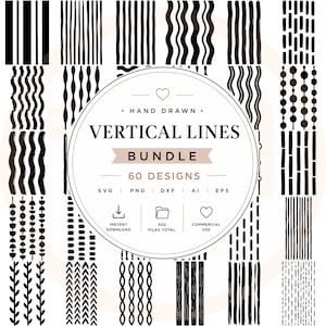 Könnte beinhalten: Eine digitale Sammlung von 60 handgezeichneten vertikalen Linienmustern in Schwarz auf weißem Hintergrund. Die zentrale kreisförmige Grafik enthält den Text HAND DRAWN VERTICAL LINES BUNDLE 60 DESIGNS SVG PNG DXF AI EPS INSTANT DOWNLOAD.