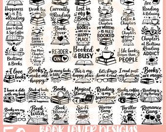 May include: A selection of 50 book-themed designs in black and white, with phrases such as "Book Lover," "Reading is my Superpower," and "Books are Magic." The designs include books, coffee cups, and other related graphics. The text "BOOK LOVER DESIGNS" is also present.