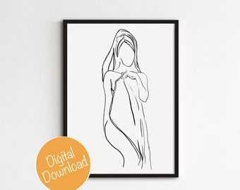 Towel on head line art, Bathroom decor, one line art, modern wall art, wall art print, minimalist line art drawing, Towel on head drawing