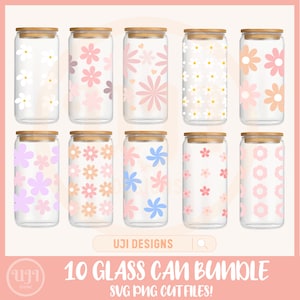 Bundle de fleurs en verre peut emballer svg, Daisy peut emballer svg, svg de 16 oz peut, floral wrap svg, Libbey peut svg, modèle de canette de 16 oz, sublimation png d'emballage de tasse