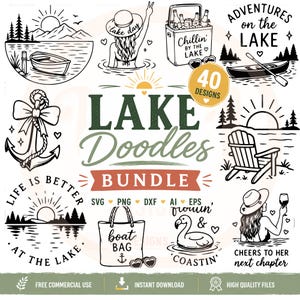 Paquete de archivos SVG de despedida de soltera en el lago, imágenes prediseñadas de fin de semana en el lago, garabatos de lago dibujados a mano, svg png dxf ai eps, uso comercial imagen 1