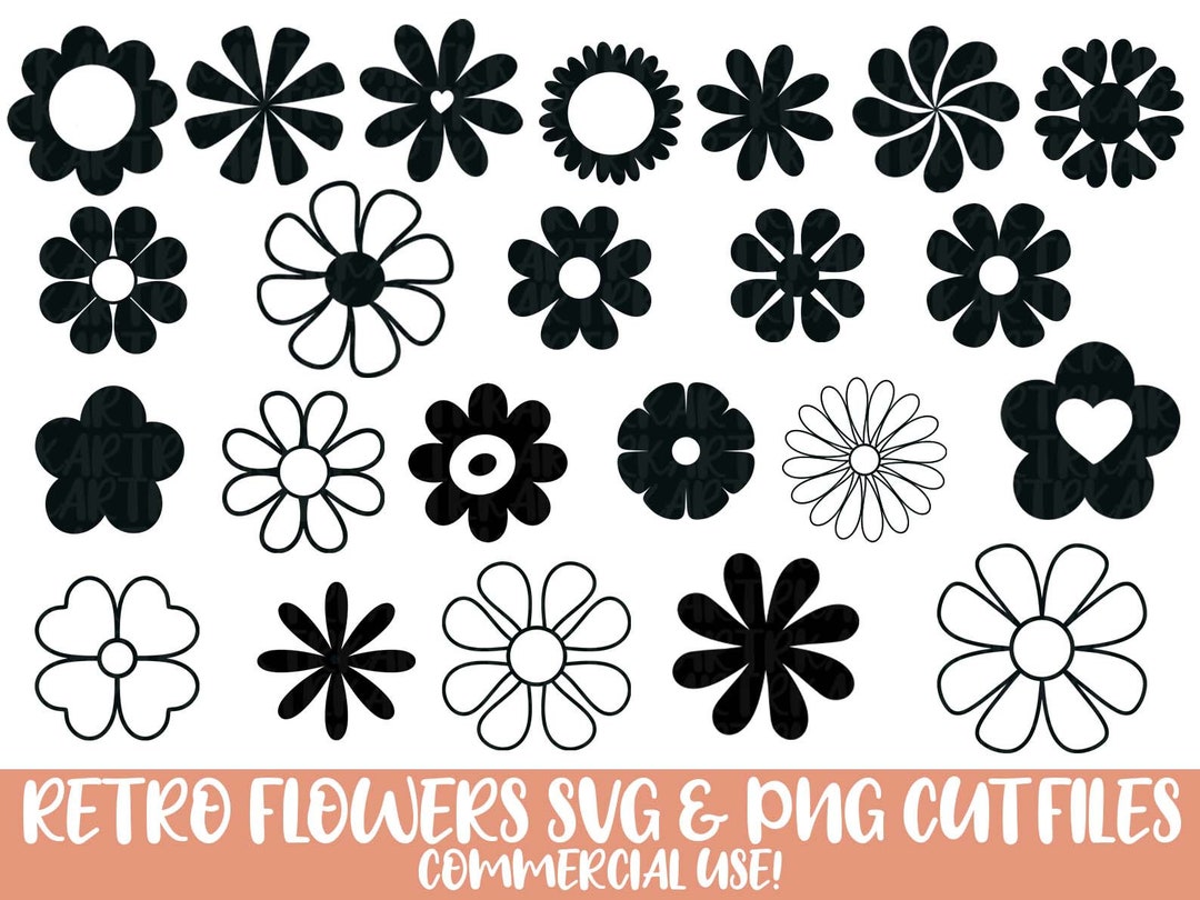 Retro Flower Shapes Bundle Svg, Retro Daisy Svg, Boho Flowers Svg & Png ...
