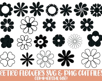 Retro Flower Shapes Bundle svg, Retro Daisy svg, Boho Flowers svg & png cut files, Daisy Flower PNG, Retro daisy flower svg Bundle, Flowers