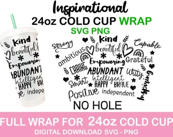 Positive Cup Template No Hole, Full wrap Template Svg, Tumbler template 24oz, Venti cup wrap template svg cut file for cricut. Inspirational