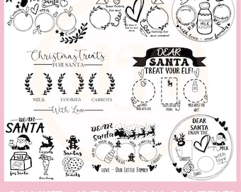 May include: Eight black and white Christmas tray SVG and PNG cut files. The designs feature Santa Claus, reindeer, cookies, milk, carrots, and the text "Dear Santa".