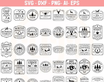 May include: A set of 40 Christmas bundle designs in SVG, DXF, PNG, AI, and EPS formats. The designs include festive elements such as Christmas trees, reindeer, and holiday-themed text.