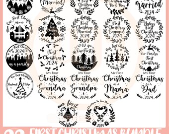 初めてのクリスマスSVGバンドル、クリスマスオーナメントSVG vbundle、クリスマスSVG、クリスマスカットファイル、丸型オーナメントSVG、私たちの初めてのクリスマス2024