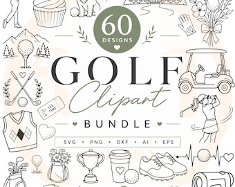 May include: A digital collection of 60 golf-themed line art illustrations featuring a golfer, golf cart, trophy, clubs, balls, a puppy, a clubhouse, and apparel. The central text reads 60 DESIGNS GOLF CLIPART BUNDLE with SVG, PNG, DXF, AI, EPS labels.