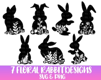 May include: Seven black silhouette designs of rabbits with floral accents. Each rabbit has a different floral pattern and pose. The designs are perfect for crafting projects, scrapbooking, and more.