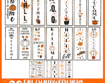 May include: A selection of 20 fall and Halloween signs with seasonal themes. The signs feature pumpkins, leaves, and greetings such as "Welcome," "Fall," and "Boo." The signs are in black, white, and orange, ideal for autumn and Halloween decorations.
