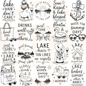 Puede incluir: Una colecci&oacute;n de veinte dise&ntilde;os gr&aacute;ficos en blanco y negro con ilustraciones y tipograf&iacute;a sobre el tema del lago. Los elementos incluyen anclas, flamencos, gafas de sol, copas de vino, barcos y frases relacionadas con el lago.