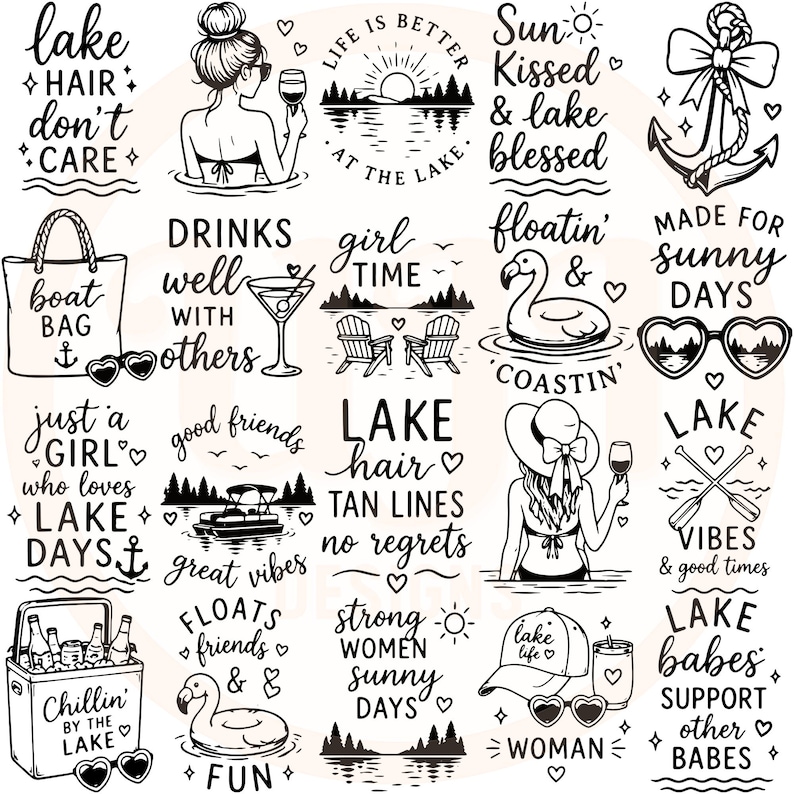 Puede incluir: Una colecci&oacute;n de veinte dise&ntilde;os gr&aacute;ficos en blanco y negro con ilustraciones y tipograf&iacute;a sobre el tema del lago. Los elementos incluyen anclas, flamencos, gafas de sol, copas de vino, barcos y frases relacionadas con el lago.