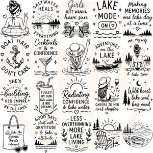 Puede incluir: Una colecci&oacute;n de veinte dise&ntilde;os gr&aacute;ficos en blanco y negro con ilustraciones y tipograf&iacute;a sobre lagos. Las im&aacute;genes incluyen motivos como anclas, canoas, soles, monta&ntilde;as, pinos, c&oacute;cteles y personas relaj&aacute;ndose junto al agua.