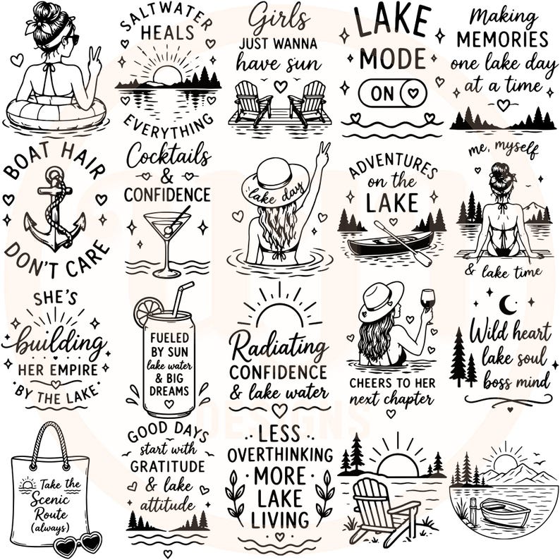Puede incluir: Una colecci&oacute;n de veinte dise&ntilde;os gr&aacute;ficos en blanco y negro con ilustraciones y tipograf&iacute;a sobre lagos. Las im&aacute;genes incluyen motivos como anclas, canoas, soles, monta&ntilde;as, pinos, c&oacute;cteles y personas relaj&aacute;ndose junto al agua.