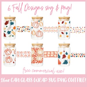 Puede incluir: Seis diseños para envolturas de vidrio para latas de 16oz con temas de otoño. Los diseños incluyen calabazas, hojas y el texto "Hello Pumpkin".
