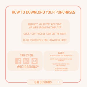 Puede incluir: Un gr&aacute;fico informativo de color rosa claro con texto naranja titulado HOW TO DOWNLOAD YOUR PURCHASES. Proporciona instrucciones para iniciar sesi&oacute;n en una cuenta de Etsy, hacer clic en el icono de perfil y seleccionar compras. Incluye etiquetas.