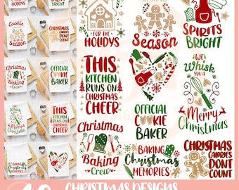 May include: A set of 10 Christmas-themed SVG and PNG designs featuring various holiday-related phrases and images, including a gingerbread house, a cookie baker, and a Christmas tree. The designs are in red, green, and white.