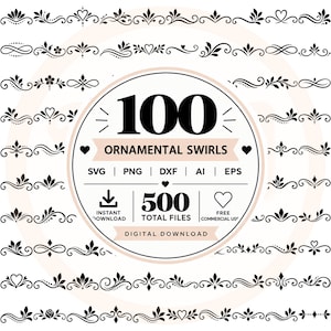 Flourish Border SVG Bundle, 100 Calligraphy Swirl DesignS,  Wedding Divider Files SVG PNG dxf ai eps