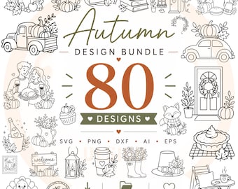 May include: A digital collection of 80 black and white line art illustrations featuring autumn themes like pumpkins, fall foliage, cosy beverages, and seasonal decor. The text reads Autumn DESIGN BUNDLE 80 DESIGNS SVG PNG DXF AI EPS.