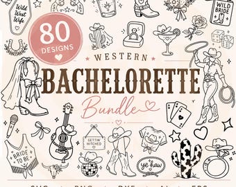 May include: A collection of 80 black and white line art designs featuring Western bachelorette themes. Icons include cowboy boots, hats, cacti, guitars, lassos, playing cards, a bride-to-be shirt, and text reading Western Bachelorette Bundle.