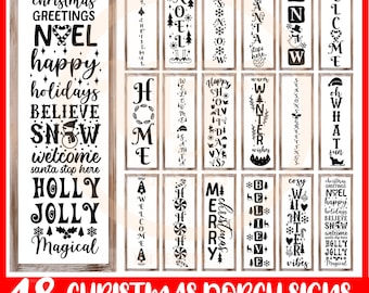 May include: A collection of 18 Christmas porch sign designs featuring various festive phrases and images, including "Christmas Greetings", "Noel", "Happy Holidays", "Believe", "Snow", "Welcome", "Santa Stop Here", "Holly Jolly", "Magical", "Home", "Merry Christmas", "Let It Snow", "Winter Wishes", "What Fun", "Cozy Vibes", and more. The signs are in black and white and have a rustic woodgrain background.