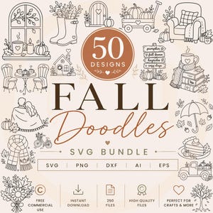 Peut inclure: Une collection numérique de 50 illustrations au trait sur le thème de l'automne avec des citrouilles, des pulls douillets, des feuilles, des boissons chaudes et des décorations. Le graphique inclut le texte 50 DESIGNS FALL Doodles SVG BUNDLE.