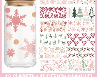 May include: A set of 12 digital Christmas designs for 16 oz can glass wraps. The designs feature various Christmas themes, including snowflakes, candy canes, gingerbread people, reindeer, hearts, ornaments, mittens, and Christmas trees. The designs are in a variety of colors, including red, green, pink, gold, and white.