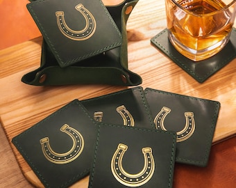 Leather Coasters Set of 6 with Holder, Embossed Gold Horseshoe, Personalized Whiskey Lover Gift