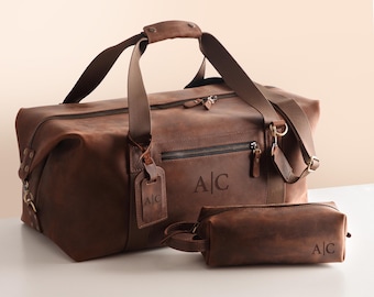 Monogrammed Leather Duffle Bag Set, Laser Engraved Weekender Bag with Trolley Sleeve, Toiletry Bag & Luggage Tag, Wedding Gift for Him
