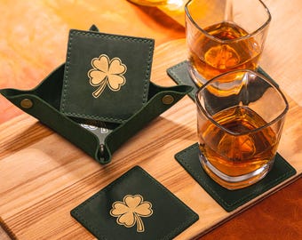 Personalized Lucky Clover Leather Coasters Set with Holder, Custom Green Drink Coasters, Good Luck Gift