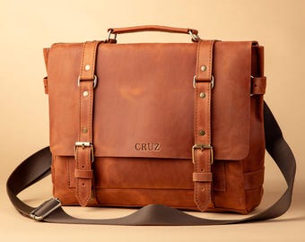 Leather Laptop Briefcase for Men, Personalized Vintage Work Bag, Laptop Messenger Bag