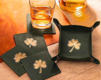 Personalized Gift Set of 4 Leather Coasters with Tray-Holder, Embossed Fortune Symbols Home Bar Decor